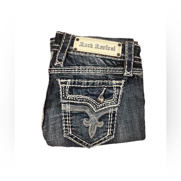 Rock Revival Denim - Rock Revival Jeans Blue Kai Boot Distressed Embellished Buckle Denim Womens 26